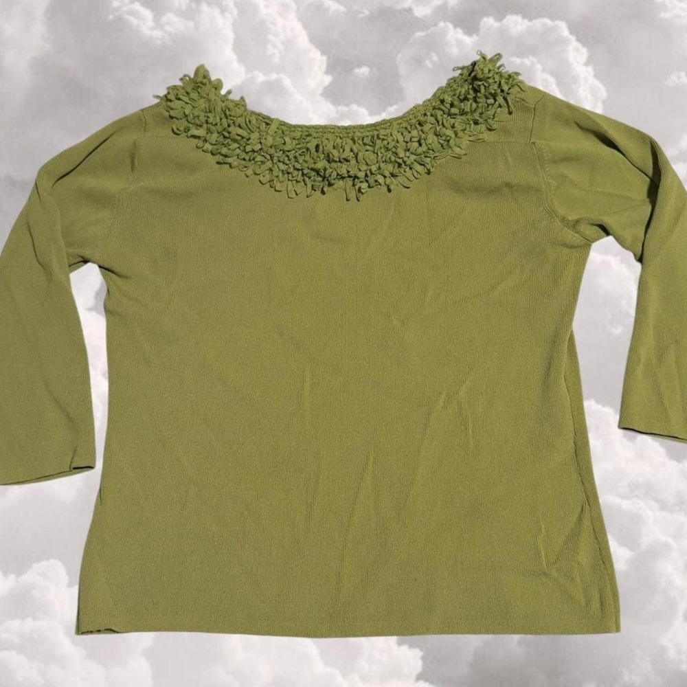 Retro 90s Green Quarter Sleeve Boatneck Fitted Shirt size Small